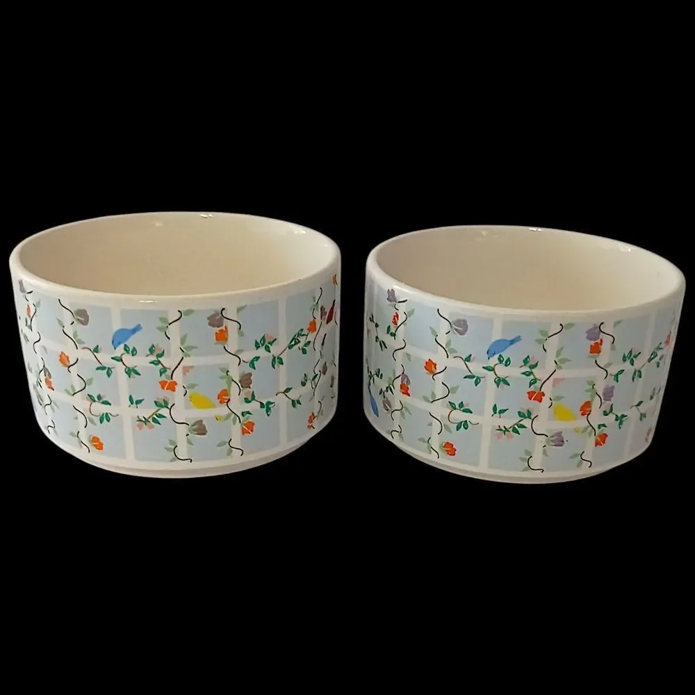 2 Vintage Soup Chili Mug Cup Ceramic Flowers Birds Pastel Pair Cottage 70s Retro
